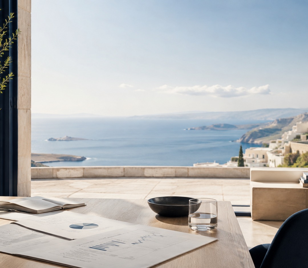 Vue méditerranéenne depuis un espace de travail contemporain